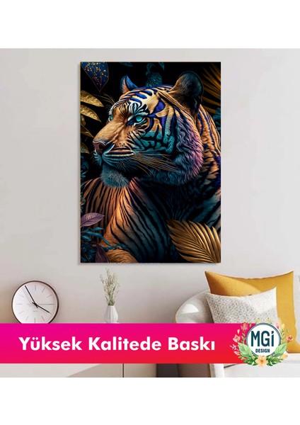 Neon Orman Kaplan Gözleri Kanvas Tablo Mor Mavi Yapraklar Hayvan Figürlü Oturma Odası Duvar Sanatı modelleri