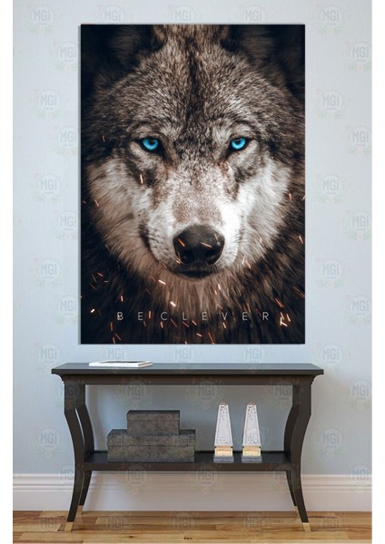 Mavi Gözlü Kurt Portresi Kanvas Tablo "be Clever" Yazılı Güçlü Duvar Dekoru