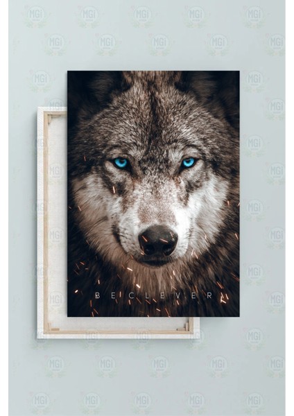 Mavi Gözlü Kurt Portresi Kanvas Tablo "be Clever" Yazılı Güçlü Duvar Dekoru fiyatları