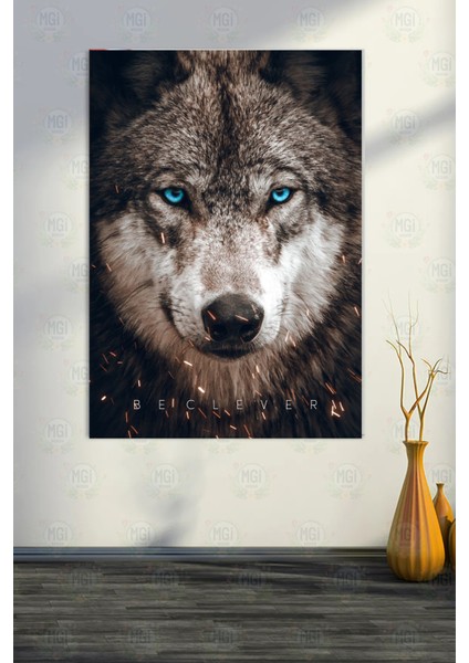 Mavi Gözlü Kurt Portresi Kanvas Tablo "be Clever" Yazılı Güçlü Duvar Dekoru fırsatları