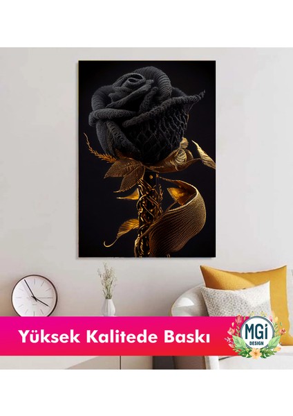 Gotik Siyah Örgü Gül Kanvas Tablo Altın Yapraklı Lüks Dramatik Duvar Dekoru