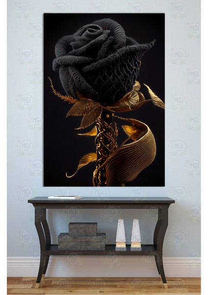 Gotik Siyah Örgü Gül Kanvas Tablo Altın Yapraklı Lüks Dramatik Duvar Dekoru fiyatları
