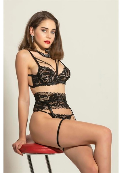 Fantezi Sütyen Jartiyer String Takım Siyah (BRF6222) fiyatları
