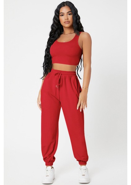 Kadın Kırmızı Kaşkorse Cepli Jogger Eşofman Altı ve Crop Top Bluz