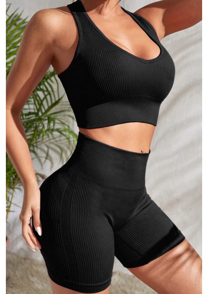 Kadın Siyah Yüksek Bel Çapraz Sırt Detaylı Şortlu Gecelik Takım fırsatları