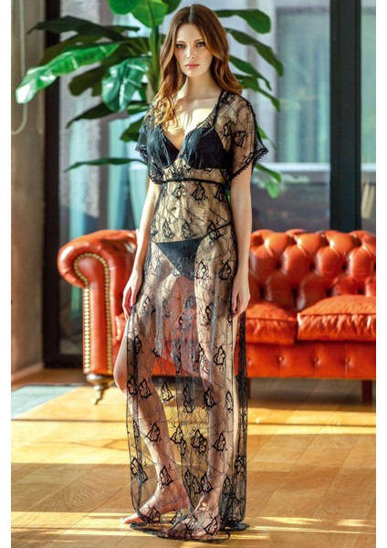 Dantelli Gecelik Balenli Destekli Dolgulu Önden Açılan Sütyen ve String 3'lü Takım