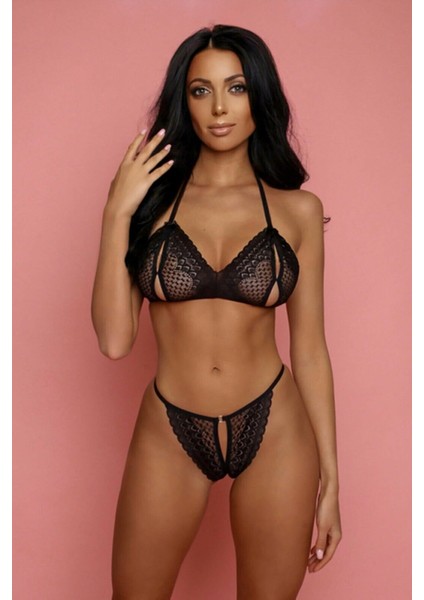 Kadın Siyah Dantelli Seksi Sütyen Takımı