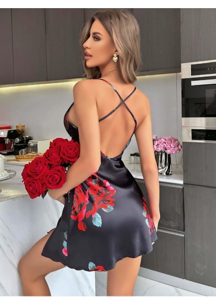 Kadın Siyah Saten Askılı Dantel Detaylı Gül Çicek Baskılı Gecelik 2221 fiyatları