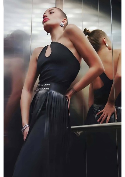 Püsküllü Deri Etek, Şık Deri Etek, Uzun Deri Etek, Siyah Deri Etek - BRF637 fırsatları