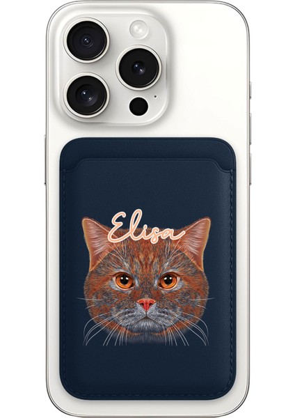 iPhone 11 12 13 14 15 16 17 Pro Max Air Kılıf Magsafe Kartlık Kişiye Özel Isim Yazılı Lacivert - Turuncu Kedi