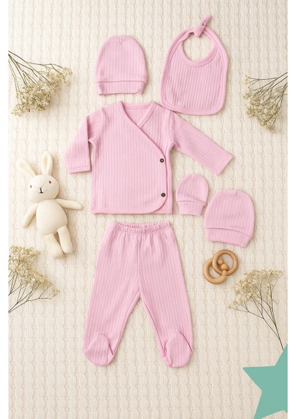 Pembe 5’li Bebek Hastane Çıkışı Seti – %100 Organik Pamuk – Yeni Doğan Kız Bebek Kıyafet Seti