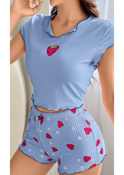 Kadın Çilek Desenli Bebe Mavi Seksi Gecelik Takım 6638