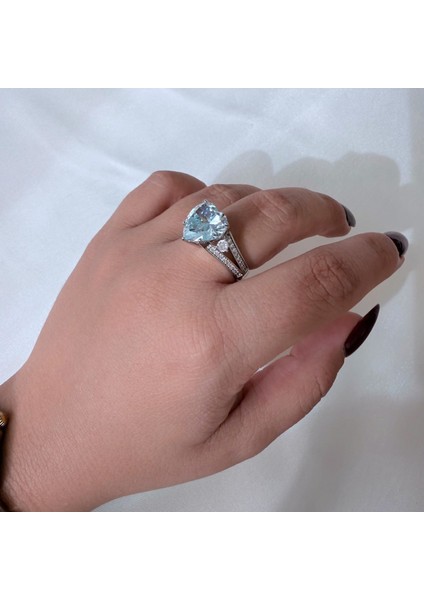 Büyük Mavi Kalpli İthal Gümüş Yüzük fırsatları