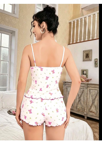 Kadın Beyaz Gül ve Vişne Desenli Şortlu Gecelik Takım 5113 fırsatları