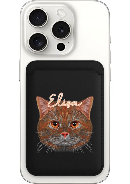 iPhone 11 12 13 14 15 16 17 Pro Max Air Kılıf Magsafe Kartlık Kişiye Özel Isim Yazılı Siyah - Turuncu Kedi