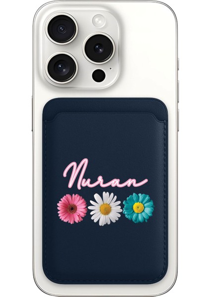 iPhone 11 12 13 14 15 16 17 Pro Max Air Kılıf Magsafe Kartlık Kişiye Özel Isim Yazılı Lacivert - Renkli Çiçekler