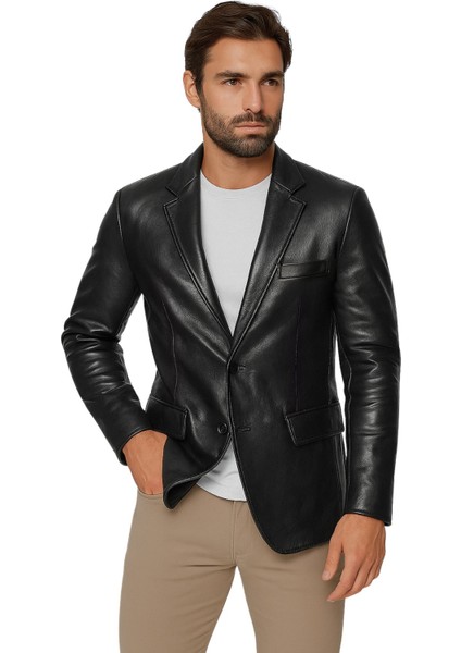 Diego Hakiki Deri Erkek Siyah Blazer Ceket