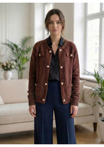 Kadın Kahve Gold Düğmeli Yumuşak Hırka