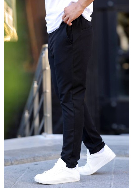 Slimfit Beli Lastikli - Ipli -Esnek Siyah Jogger Pantolon