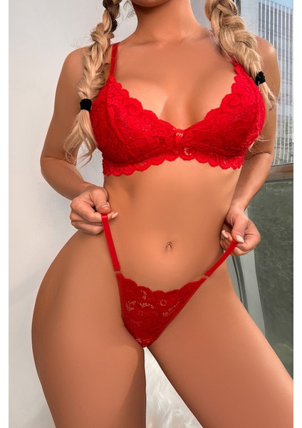 Kadın Kırmızı Sırtı Dantel ve Ip Detaylı Şık Sütyen Külot Takımı modelleri
