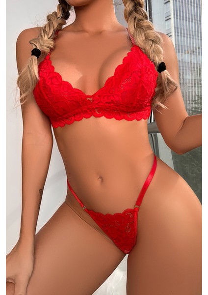 Kadın Kırmızı Sırtı Dantel ve Ip Detaylı Şık Sütyen Külot Takımı fırsatları