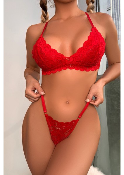 Kadın Kırmızı Sırtı Dantel ve Ip Detaylı Şık Sütyen Külot Takımı indirimleri