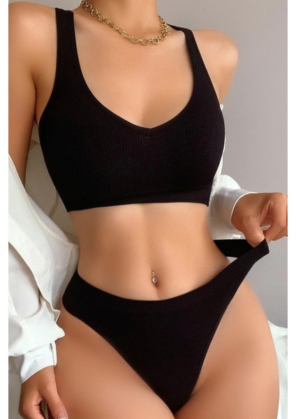 Kadın Siyah Desteksiz Seamless Tangalı Iç Çamaşır Takımı