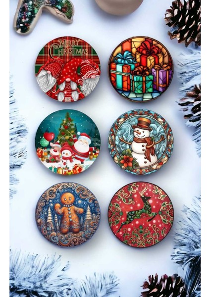 Mutlu Yıllar - Yılbaşı - Yeni Yıl - Merry Christmas Temalı Ahşap Bardak Altlığı Seti 6 Adet