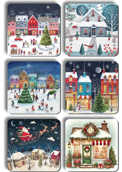 Noel Yılbaşı Ahşap Bardak Altlığı - 6 Adet