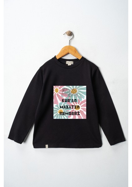 Kız Çocuk Uzun Kollu Bisiklet Yaka "kuran Hayatın Rehberi" Baskılı Tişört Mevsimlik Pamuklu