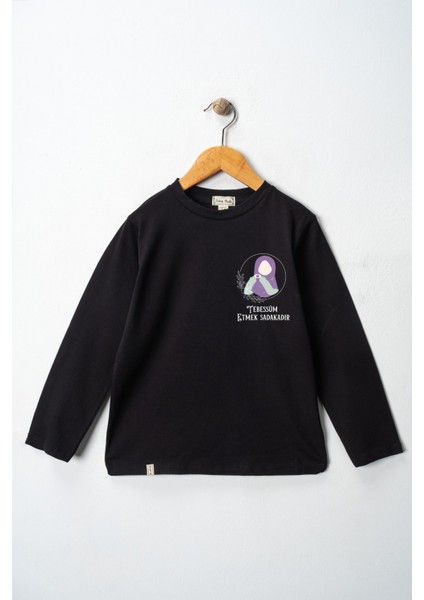 Kız Çocuk Uzun Kollu Bisiklet Yaka "tebessüm Etmek Sadakadır" Baskılı Tişört Mevsimlik Pamuklu