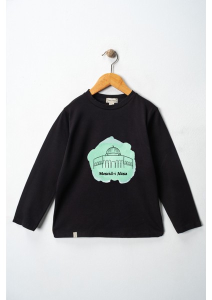 Kız Çocuk Uzun Kollu Bisiklet Yaka "mescid-I Aksa" Baskılı Tişört Mevsimlik Pamuklu