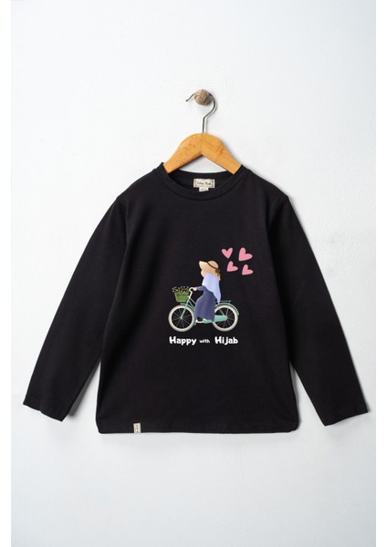 Kız Çocuk Uzun Kollu Bisiklet Yaka "başörtümle Mutluyum" Baskılı Tişört Mevsimlik Pamuklu