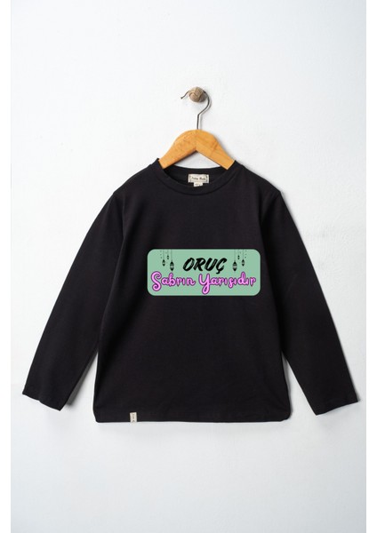 Kız Çocuk Uzun Kollu Bisiklet Yaka "oruç Sabrın Yarısıdır" Baskılı Tişört Mevsimlik Pamuklu