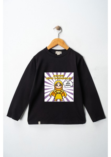 Kız Çocuk Uzun Kollu Bisiklet Yaka "ramazan Süper Kahramanları Dürüst" Baskılı Tişört Mevsimlik Pamuklu