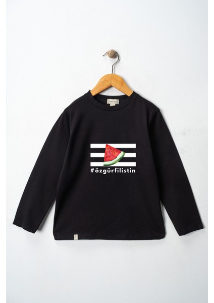 Kız Çocuk Uzun Kollu Bisiklet Yaka "özgür Filistin" Baskılı Tişört Mevsimlik Pamuklu