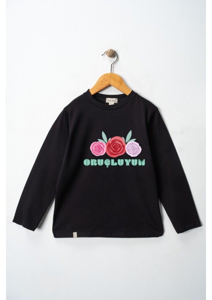 Kız Çocuk Uzun Kollu Bisiklet Yaka "oruçluyum" Baskılı Tişört Mevsimlik Pamuklu