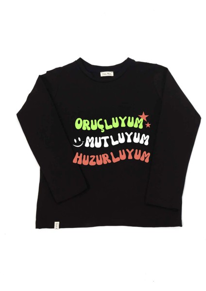 Kız Çocuk Uzun Kollu Bisiklet Yaka "oruçluyum, Mutluyum" Baskılı Tişört Mevsimlik Pamuklu