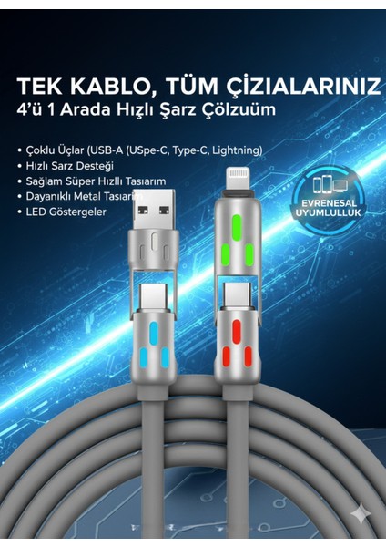 4'ü1 Arada 240W Süper Hızlı Şarj Kablosu - Type-C & Lightning & USB Metal & Dayanıklı Veri ve Şarj