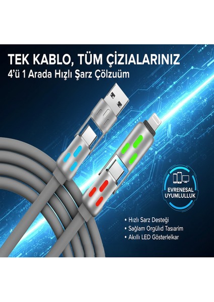 4'ü1 Arada 240W Süper Hızlı Şarj Kablosu - Type-C & Lightning & USB Metal & Dayanıklı Veri ve Şarj modelleri