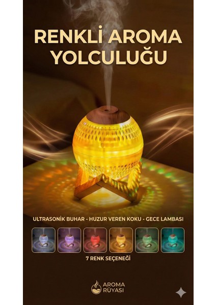 Renkli Kristal Küre Tasarımlı LED Işıklı Hava Nemlendirici – Sessiz Çalışma ve Ahşap Desenli Kapak