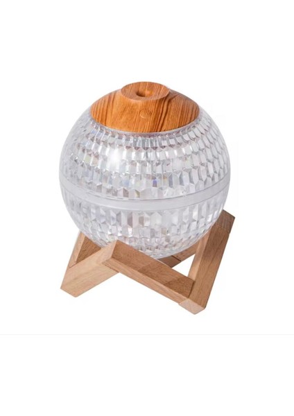 Renkli Kristal Küre Tasarımlı LED Işıklı Hava Nemlendirici – Sessiz Çalışma ve Ahşap Desenli Kapak