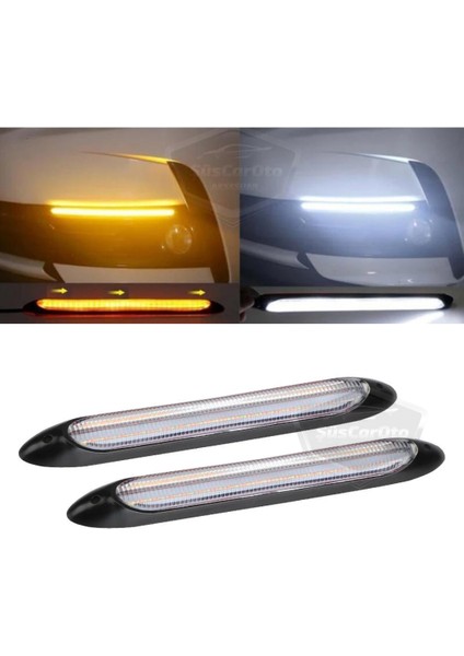 Selamlamalı Kayar Sinyalli Araba Gündüz Farı Esnek Gündüz Ledi Drl LED Lamba Güçlü Işık Açılış Animasyonlu 12V Su Geçirmez Sarı Beyaz 2 Adet 27.5 cm ONG125