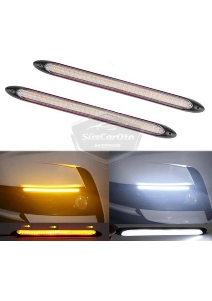 Selamlamalı Kayar Sinyalli Araba Gündüz Farı Esnek Gündüz Ledi Drl LED Lamba Güçlü Işık Açılış Animasyonlu 12V Su Geçirmez Sarı Beyaz 2 Adet 27.5 cm ONG125
