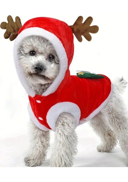Noel Baba Geyiği Köpek Kostümü – Küçük Irk Evcil Hayvanlar Için Polyester Kapüşonlu Çıtçıtlı Fleece Tatil Kıyafeti