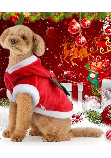 Noel Baba Geyiği Köpek Kostümü – Küçük Irk Evcil Hayvanlar Için Polyester Kapüşonlu Çıtçıtlı Fleece Tatil Kıyafeti