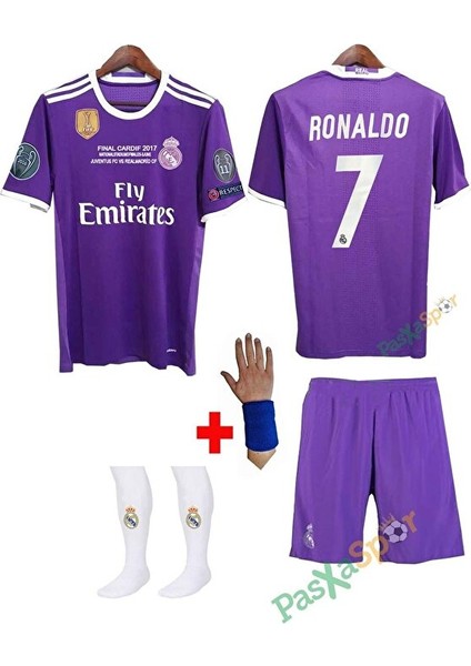 2017 Real Madrid Mor Deplasman Ronaldo Çocuk Forması Şort Çorap Bileklik Hediyeli