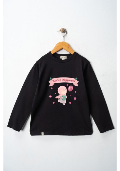 Kız Çocuk Uzun Kollu Bisiklet Yaka "kuran Okuyorum" Baskılı Tişört Mevsimlik Pamuklu