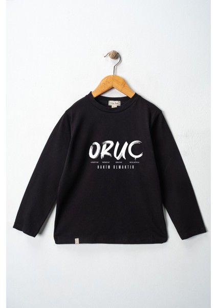 Kız Çocuk Uzun Kollu Bisiklet Yaka "oruç" Baskılı Tişört Mevsimlik Pamuklu