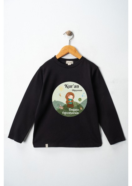 Kız Çocuk Uzun Kollu Bisiklet Yaka "kuran Okuyorum, Doğayı Öğreniyorum" Baskılı Tişört Mevsimlik Pamuklu